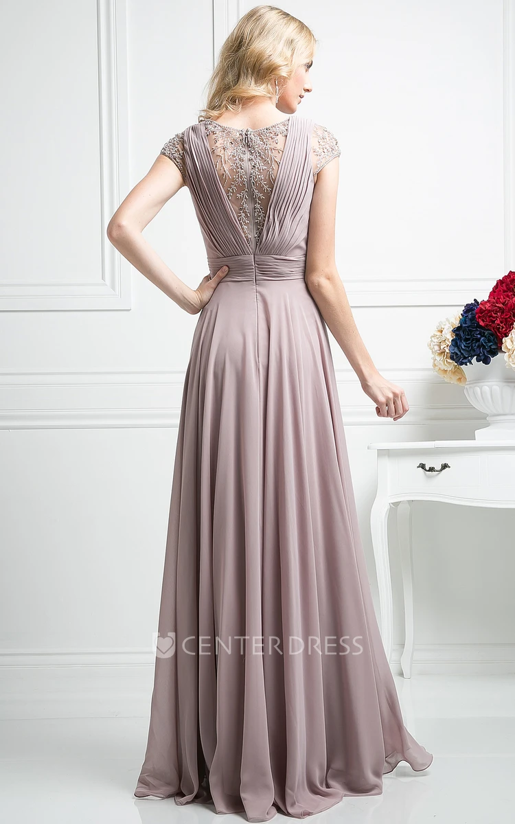 A-Line Scoop-Neck Short Sleeve Chiffon Illusion Dress With Beading And Pleats