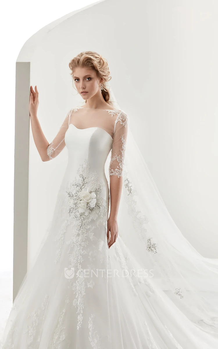 Illusion Half-sleeve Bridal Gown with Beaded Flower Embellishment and Jewel Neck