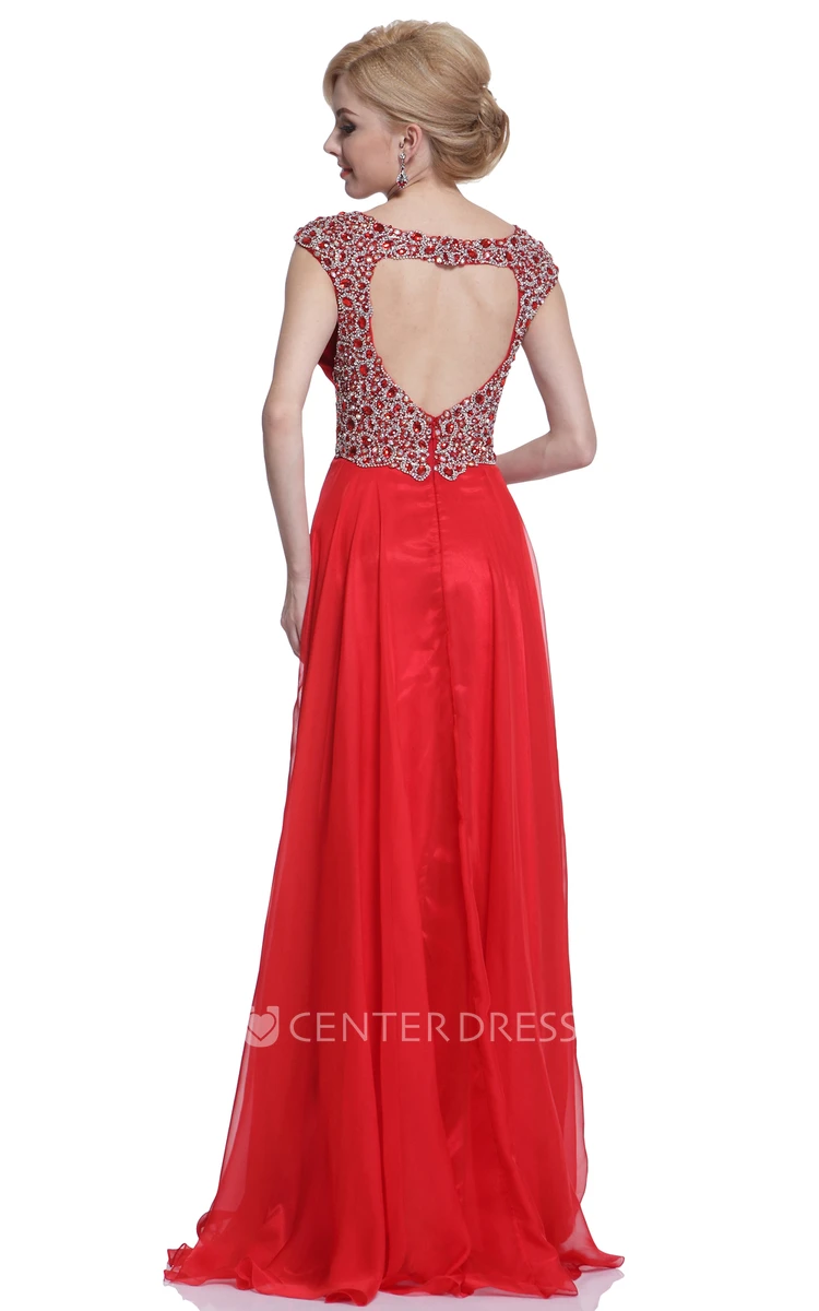 A-Line Floor-Length Queen Anne Chiffon Keyhole Dress With Beading