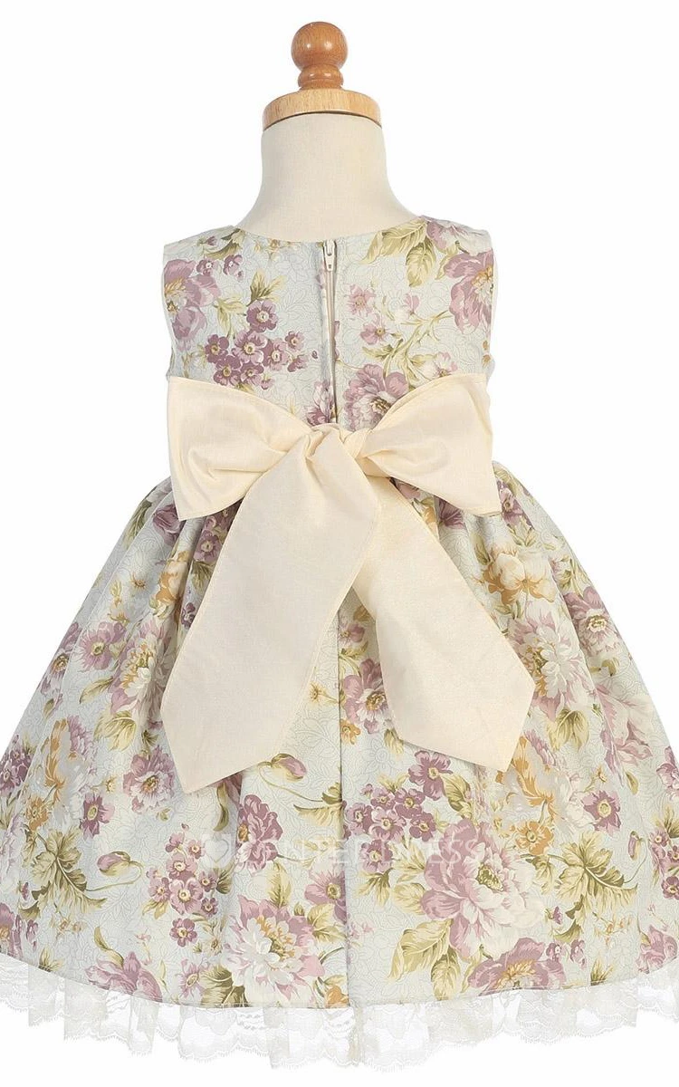Tea-Length Floral Empire Tiered Lace&Satin Flower Girl Dress