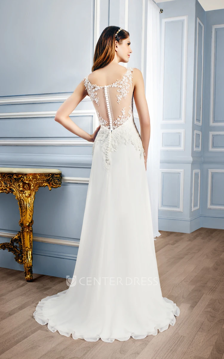 Sheath Sleeveless V-Neck Appliqued Floor-Length Lace Wedding Dress With Sweep Train And Illusion Back