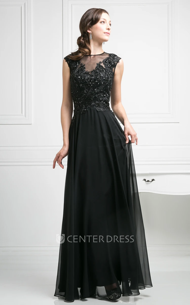 A-Line Scoop-Neck Sleeveless Chiffon Illusion Dress With Appliques