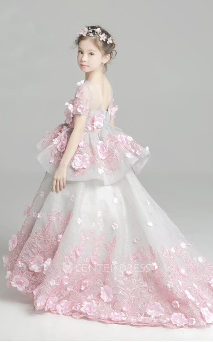 Floral Organza Scoop Tier Flower Girl Dress with Lace and Applique