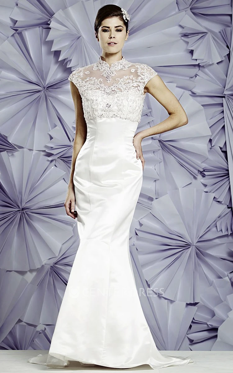 Sheath Floor-Length Beaded Cap-Sleeve High-Neck Stretched Satin Wedding Dress With Appliques
