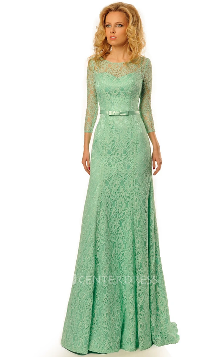 Maxi Ribboned Scoop Neck 3-4 Sleeve Lace Prom Dress With Brush Train