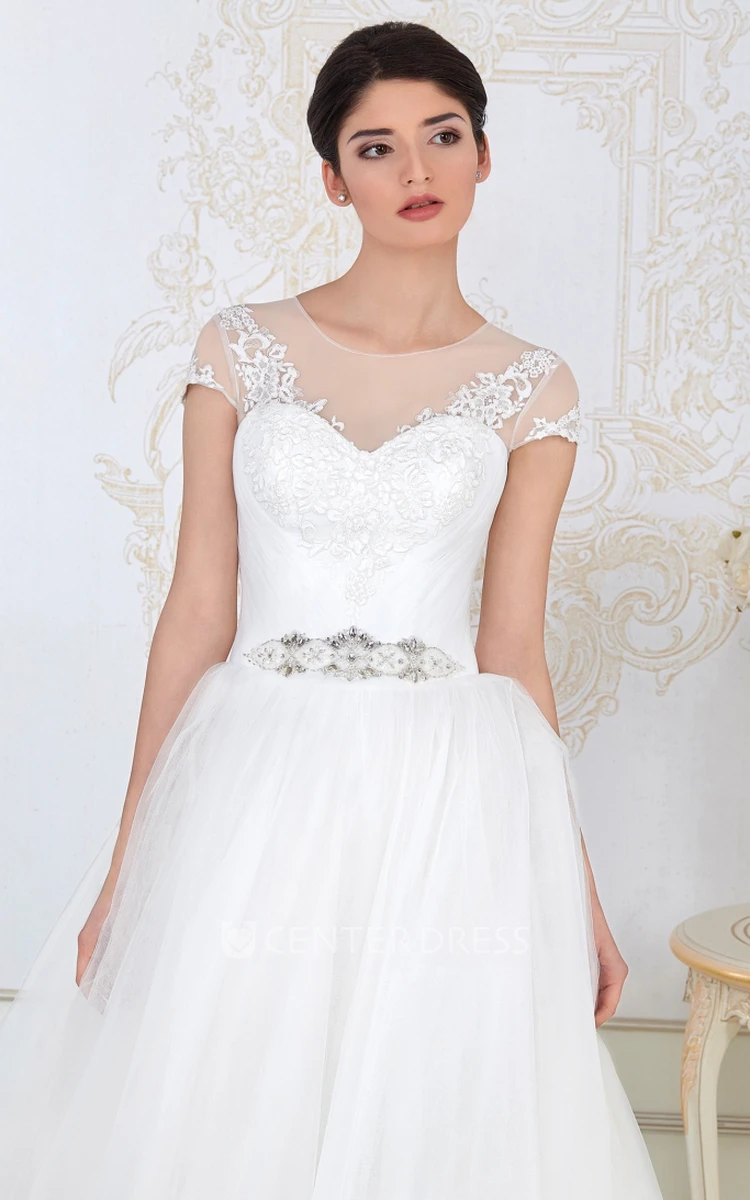 A-Line Short-Sleeve Appliqued Long Scoop-Neck Tulle Wedding Dress With Beading And Waist Jewellery