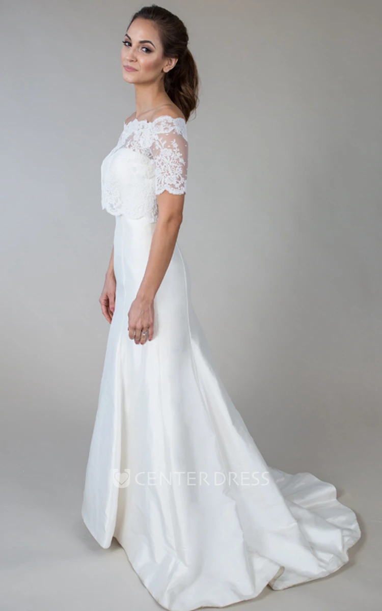 Short-Sleeve Off-The-Shoulder Satin&Lace Wedding Dress With Illusion