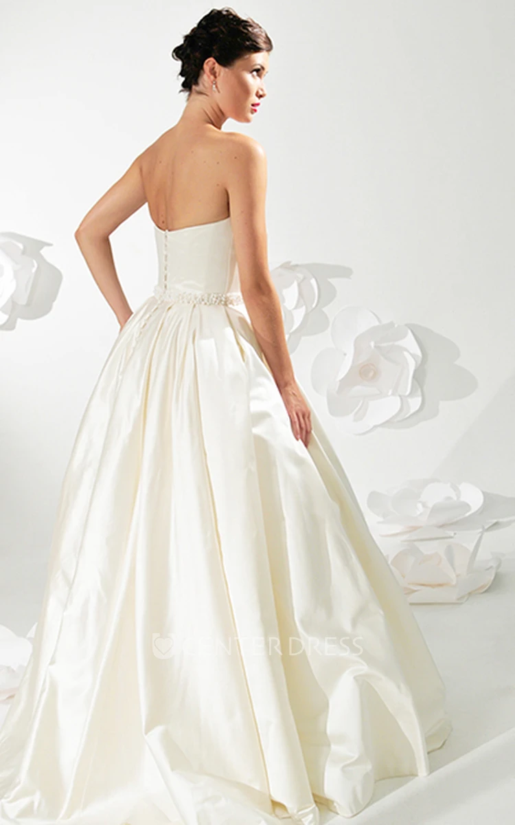 A-Line Sleeveless Floor-Length Jeweled Strapless Satin Wedding Dress With Backless Style