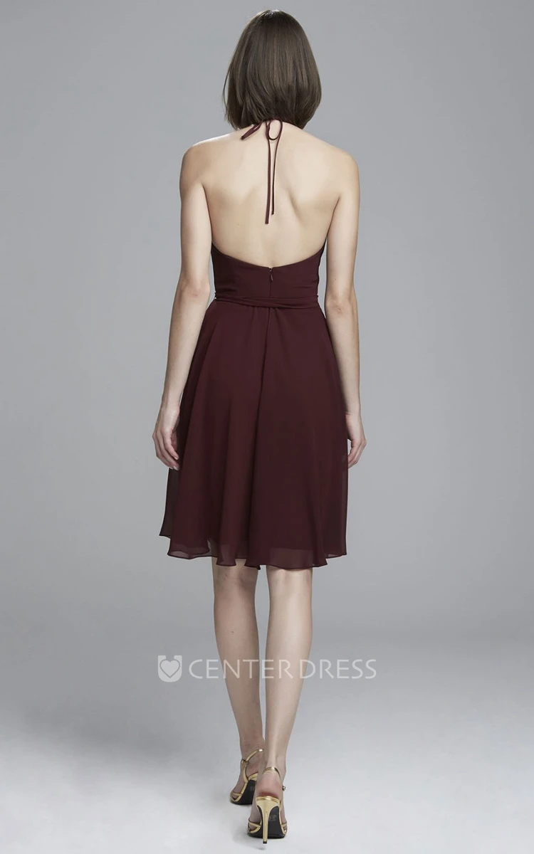 Sleeveless Cowl-Neck Knee-Length Chiffon Bridesmaid Dress With Bow And Backless Design