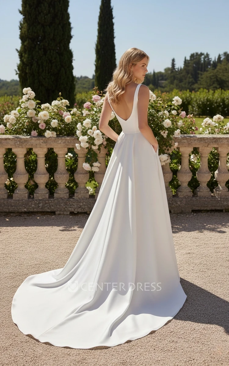 Minimalist Casual A-Line Square Neck Spring Wedding Dress Simple Romantic Pleated Side Slit Low Back Court Train Bridal Gown