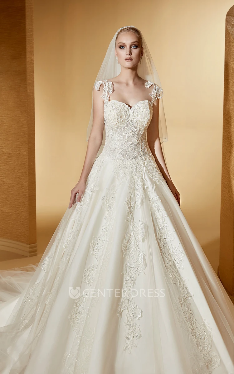 Angel Sweetheart A-Line Appliques Gown With Lace Straps And Brush Train