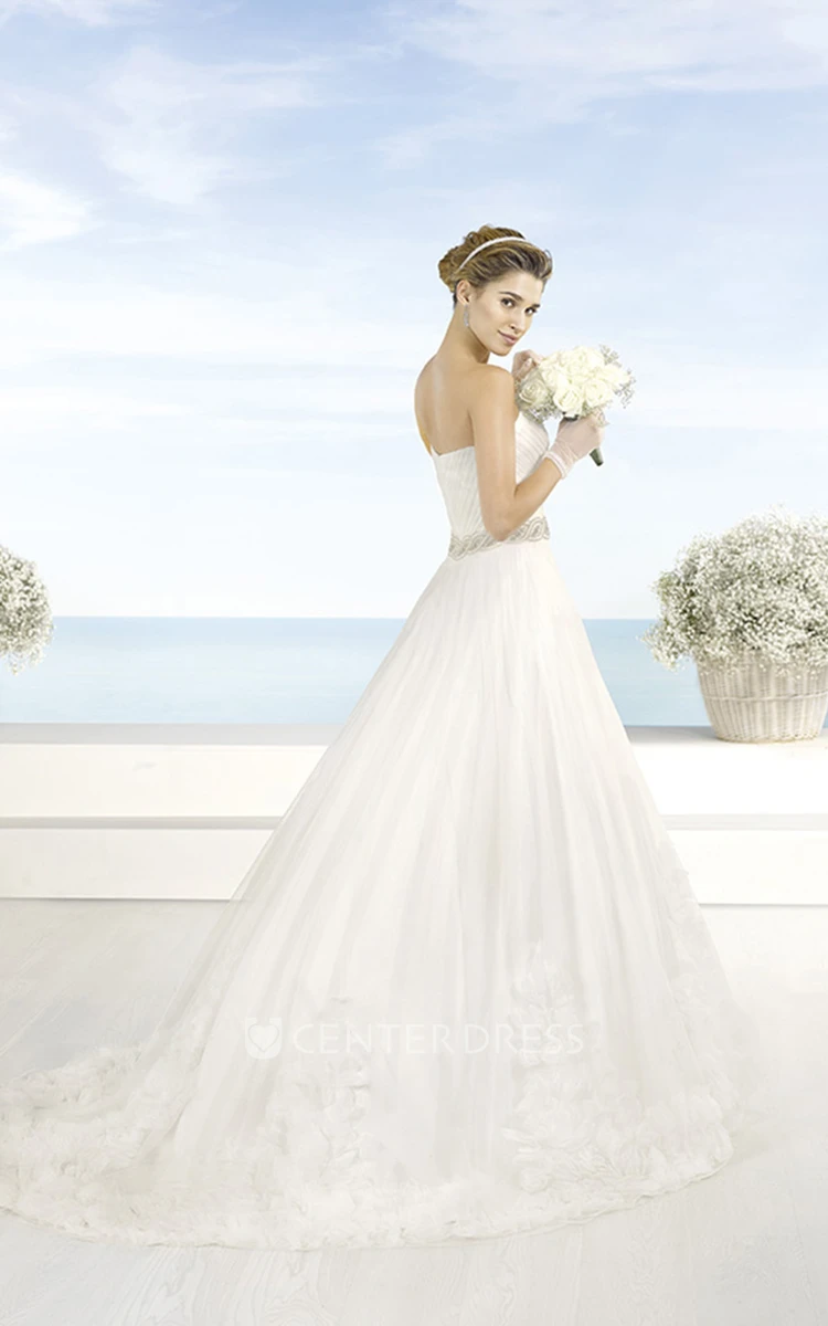 A-Line Floor-Length Sweetheart Jeweled Tulle Wedding Dress With Criss Cross And Flower