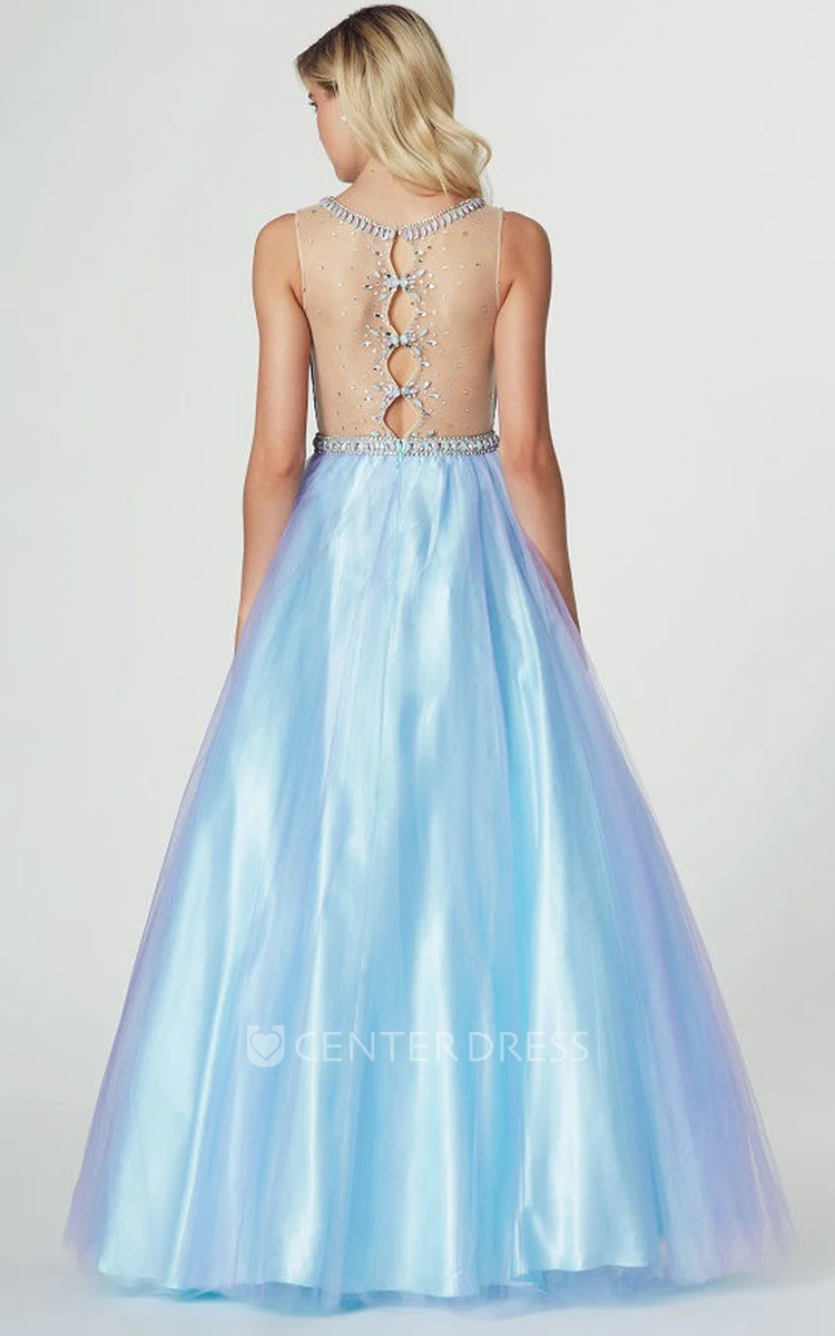 A-Line High Neck Ruched Sleeveless Tulle Prom Dress