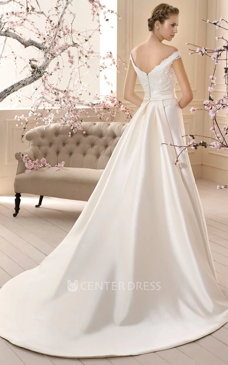 Floor-Length V-Neck Appliqued Satin Wedding Dress