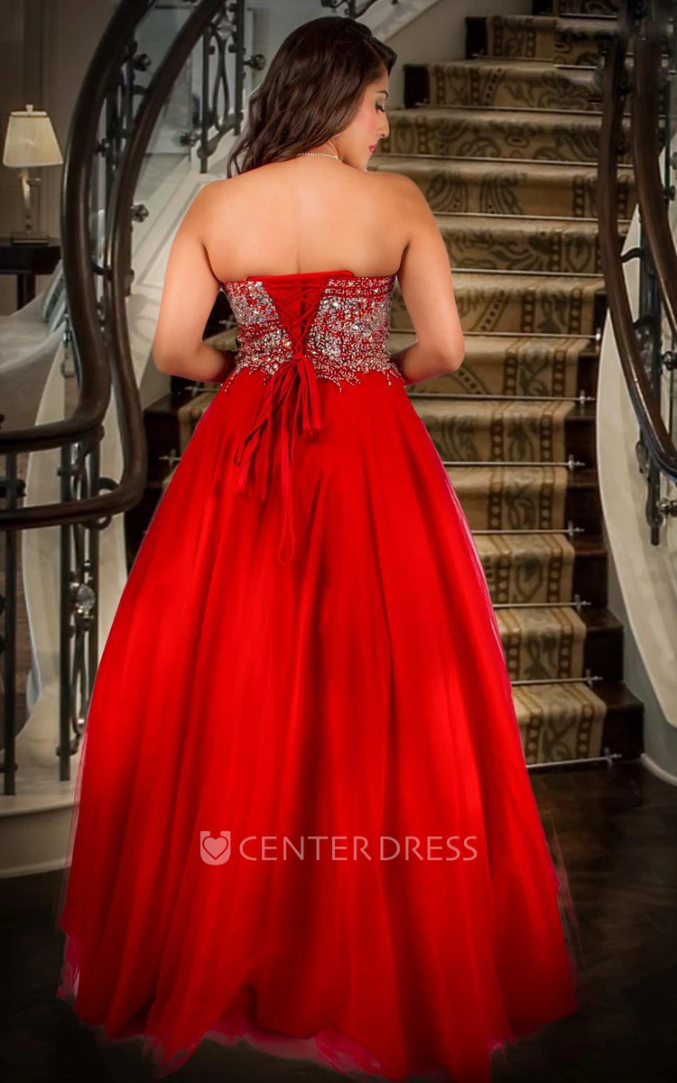 A-Line Beaded Floor-Length Sleeveless Sweetheart Tulle Prom Dress With Bow And Ruffles