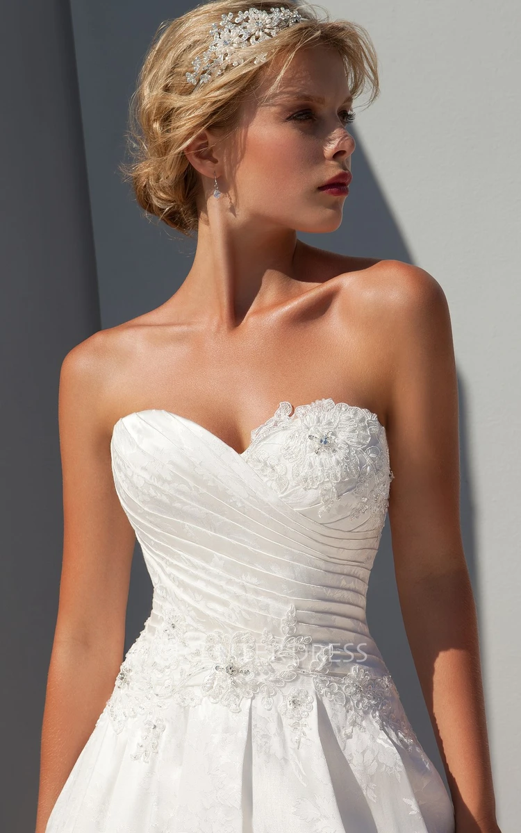 A-Line Sleeveless Long Sweetheart Criss-Cross Satin Wedding Dress With Appliques And Beading