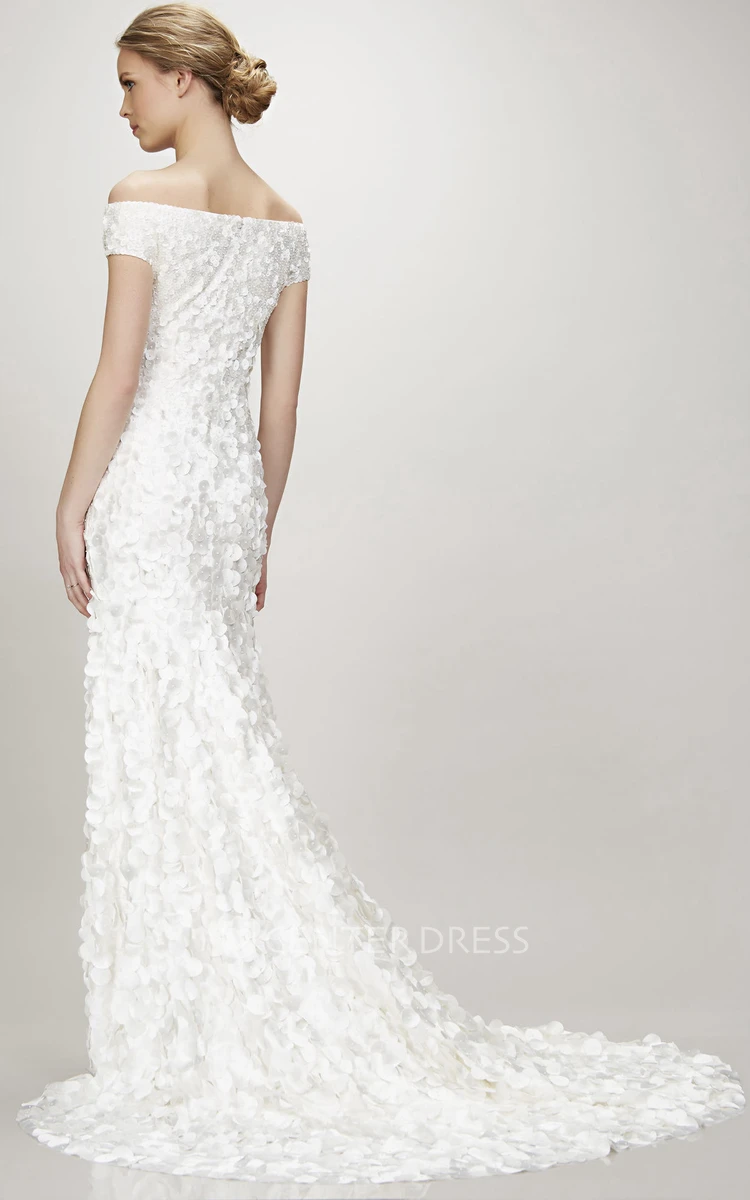 Off-The-Shoulder Maxi Beaded Sequins Wedding Dress With Court Train