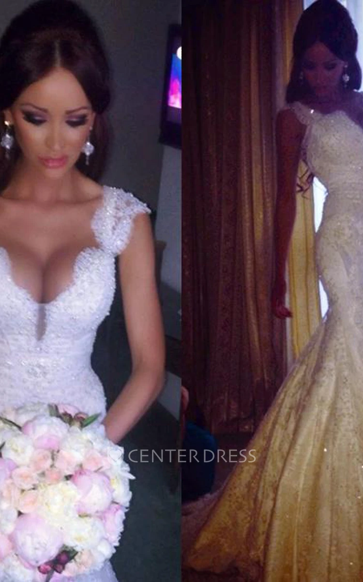 Stunning Straps Lace Mermaid Wedding Dresses Beadings Sequins