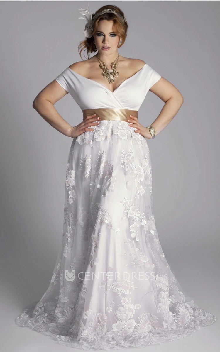 A Line Off-the-shoulder Jersey Lace Zipper Wedding Dress