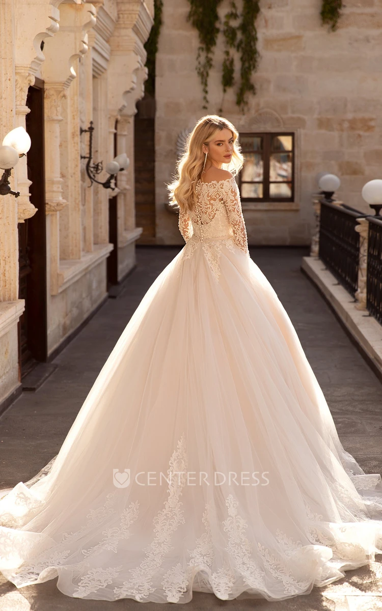Off-the-shoulder Sash Illusion Long Sleeve And Button Back Lace Tulle Bridal Ballgown Dress