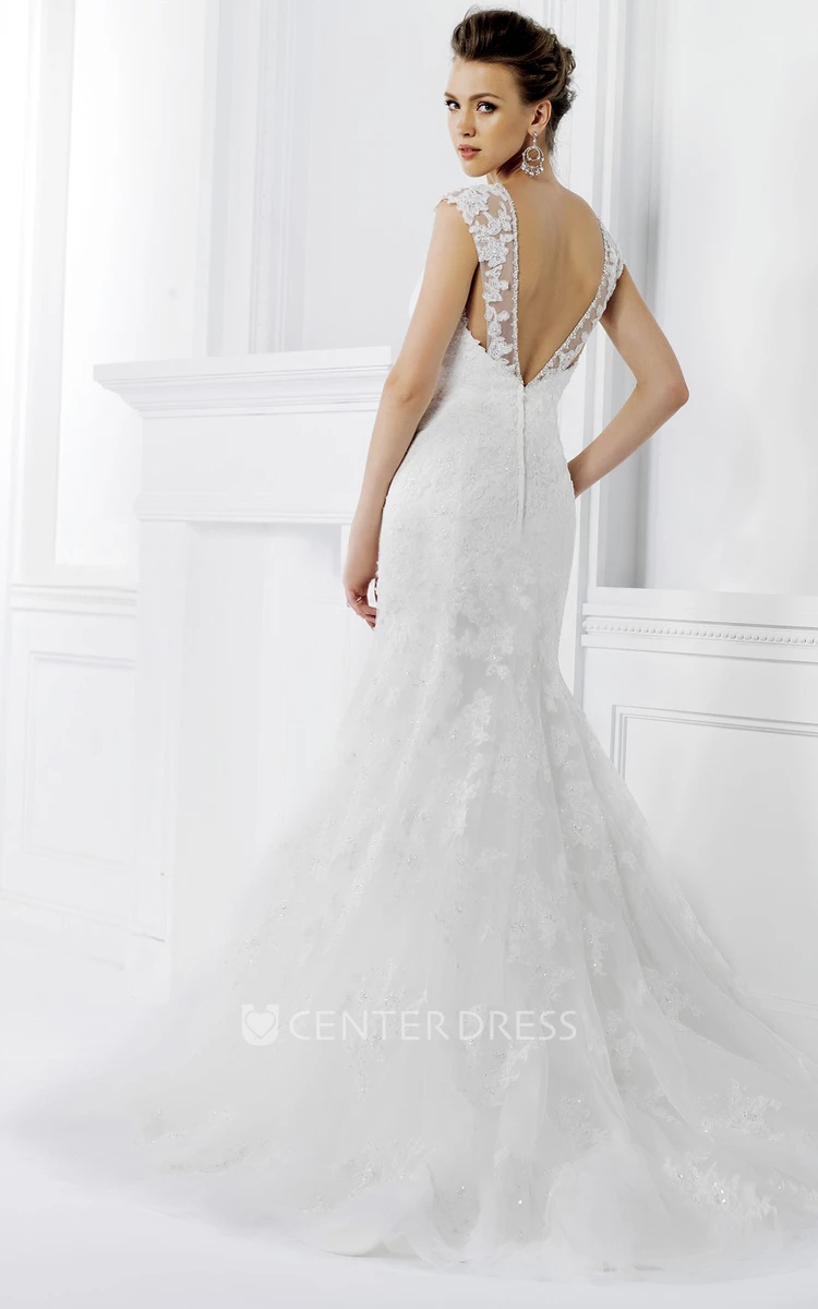 Cap-Sleeved Mermaid Wedding Dress With Beaded Illusion Neck And Low V-Back