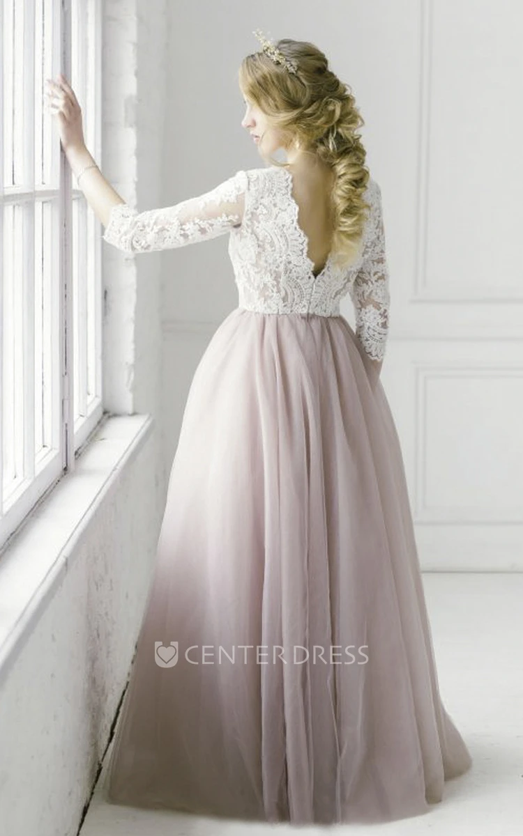 Adorable Tulle Wedding Dress With 3/4 Sleeve And Lace V-neck 