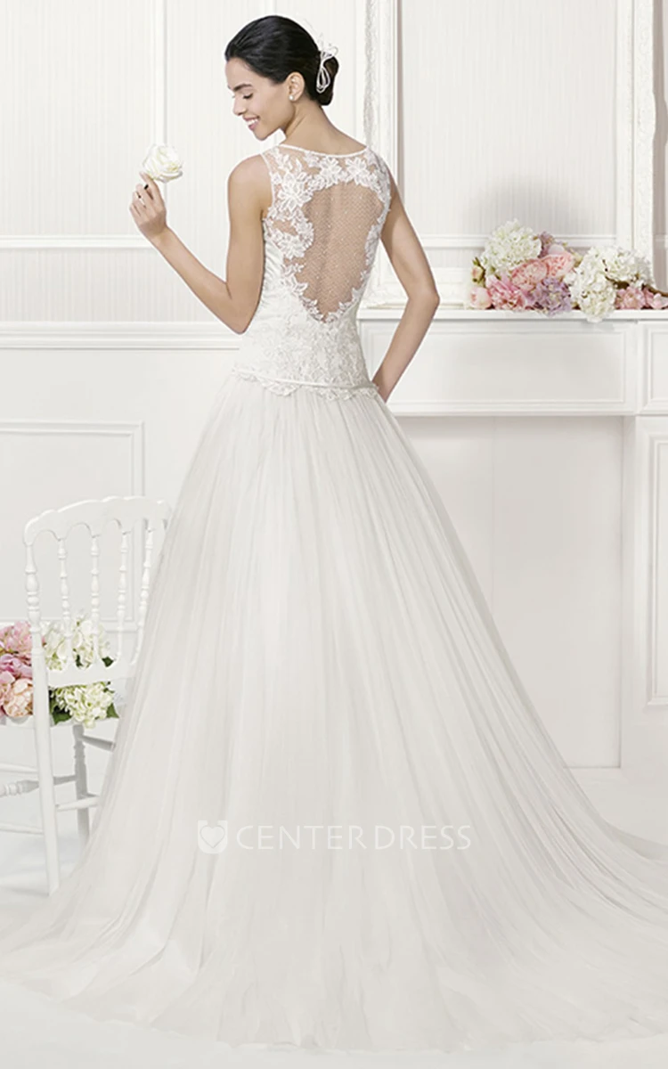 Jewel Neckline Tulle Bridal Gown With Appliqued Top And Drop Waist
