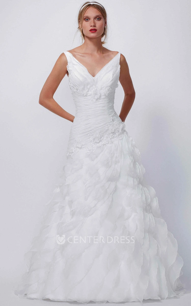 A-Line Sleeveless Ruched Maxi V-Neck Organza Wedding Dress With Tiers And Flower