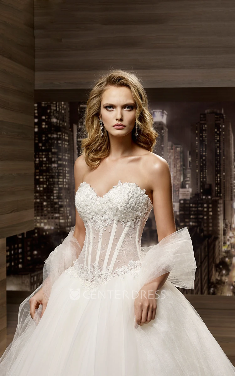 Sweetheart A-Line Bridal Gown With Lace Illusion Corset And Brush Train
