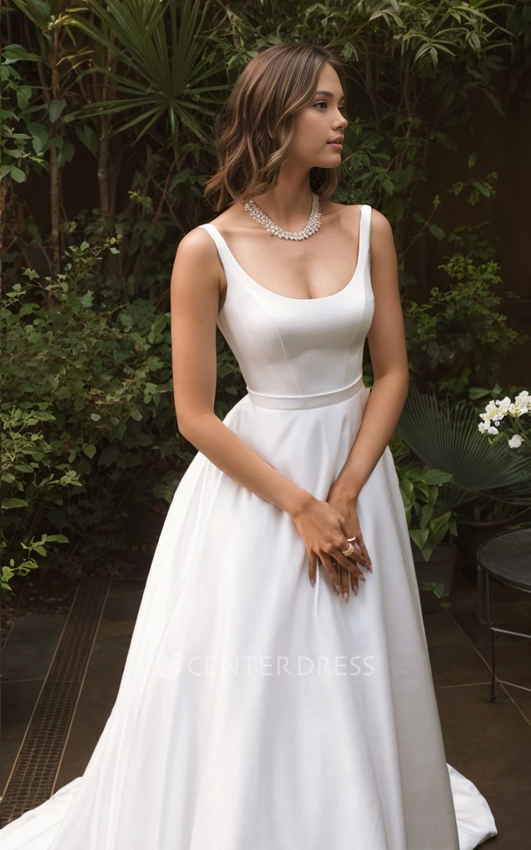 Solid A-Line Straps Scoop Neck Satin Wedding Dress Sleeveless Floor-length Button Back Bridal Gown