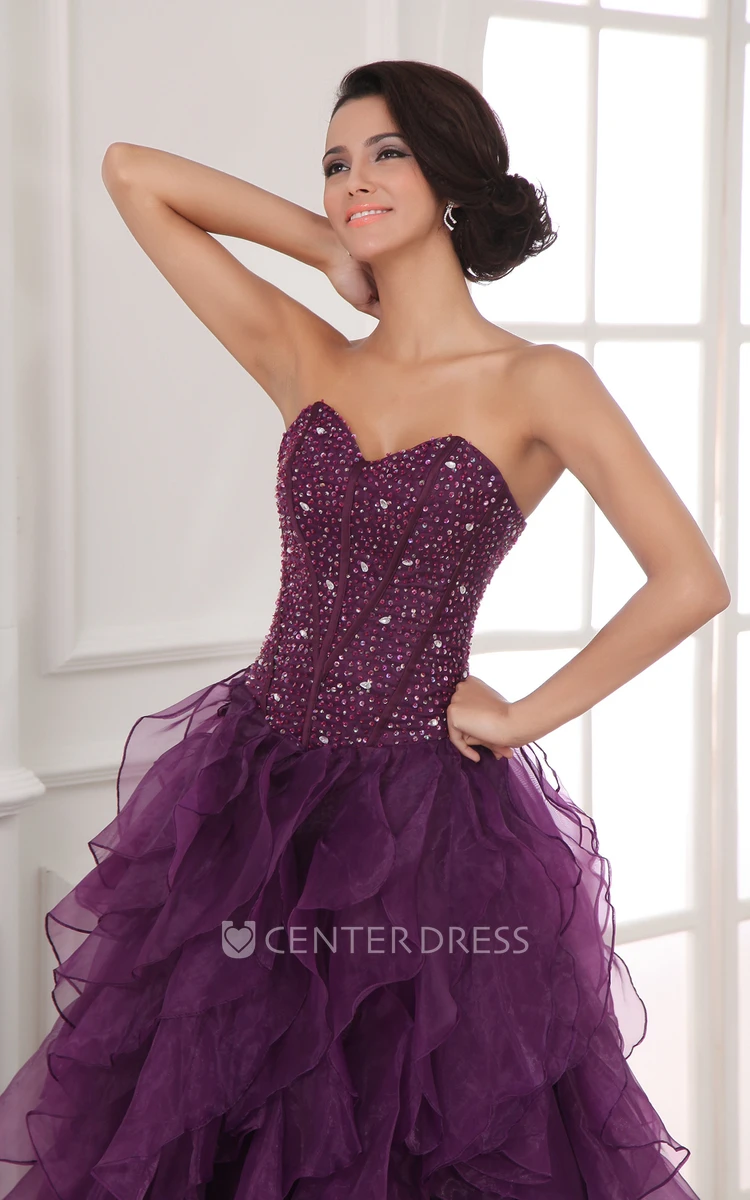 A-Line Sweetheart Ball Gown Prom Dress With Organza Ruffles And Beading
