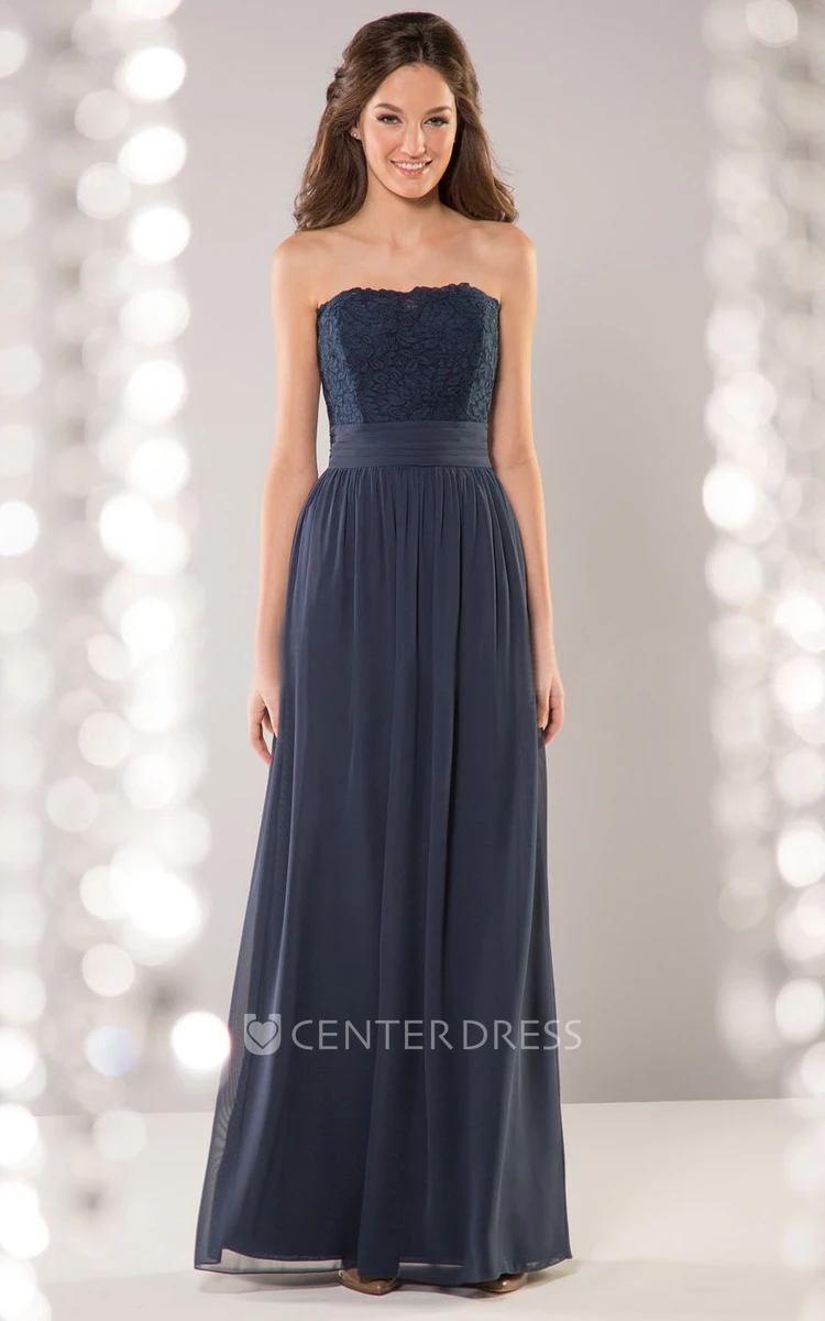 Strapless A-Line Floor-Length Bridesmaid Dress With Pleats And Lace Bodice