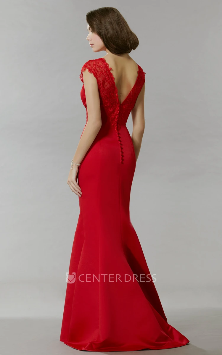 Mermaid Cap-Sleeve Lace Scoop Maxi Satin Prom Dress With Low-V Back And Sweep Train