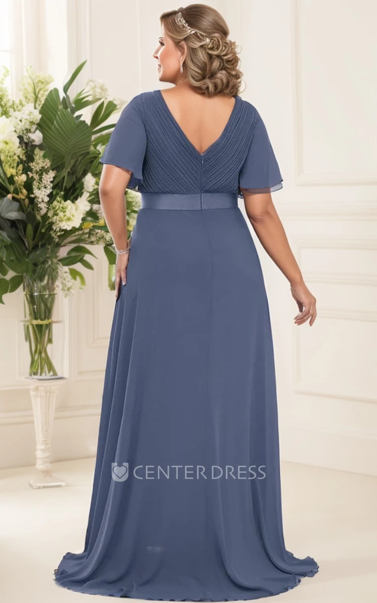 Sheath V-neck Plus Size Chiffon Women Dress Elegant Floor-length Long Sleeve Sash