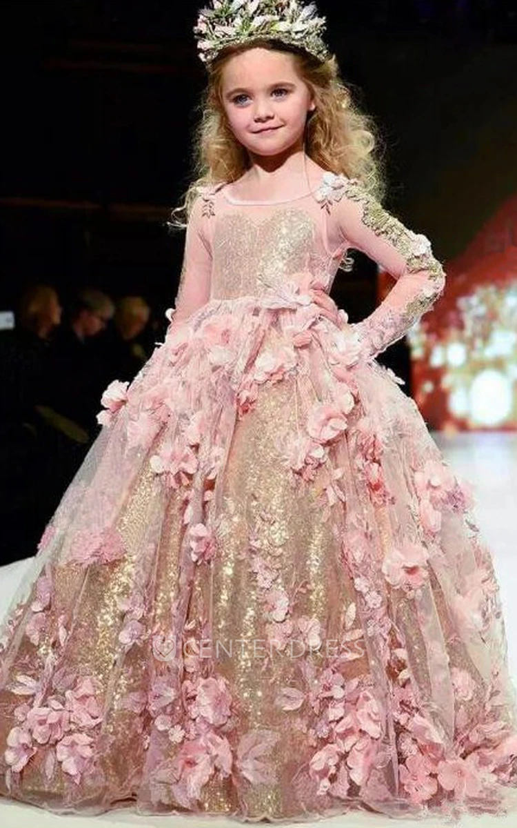 Floral Bateau Illusion Long Sleeve Ball Gown Flower Girl Dress