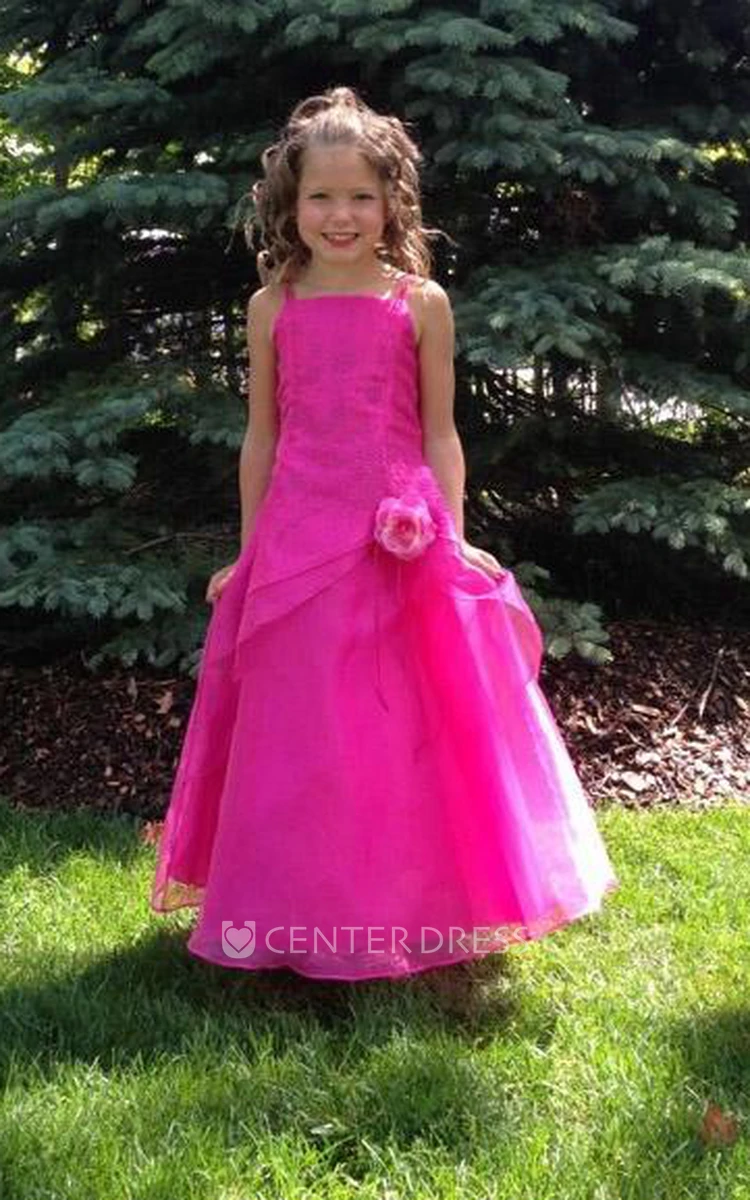 Ankle-Length Spaghetti Cape Floral Organza Flower Girl Dress With Straps