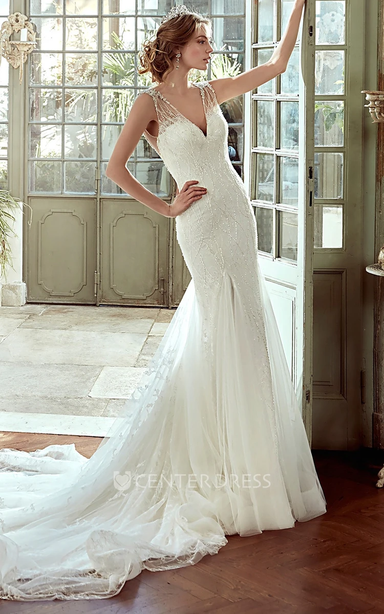 V-Neck Sheath Court-Train Wedding Dress with Mermaid Style and Open Back 