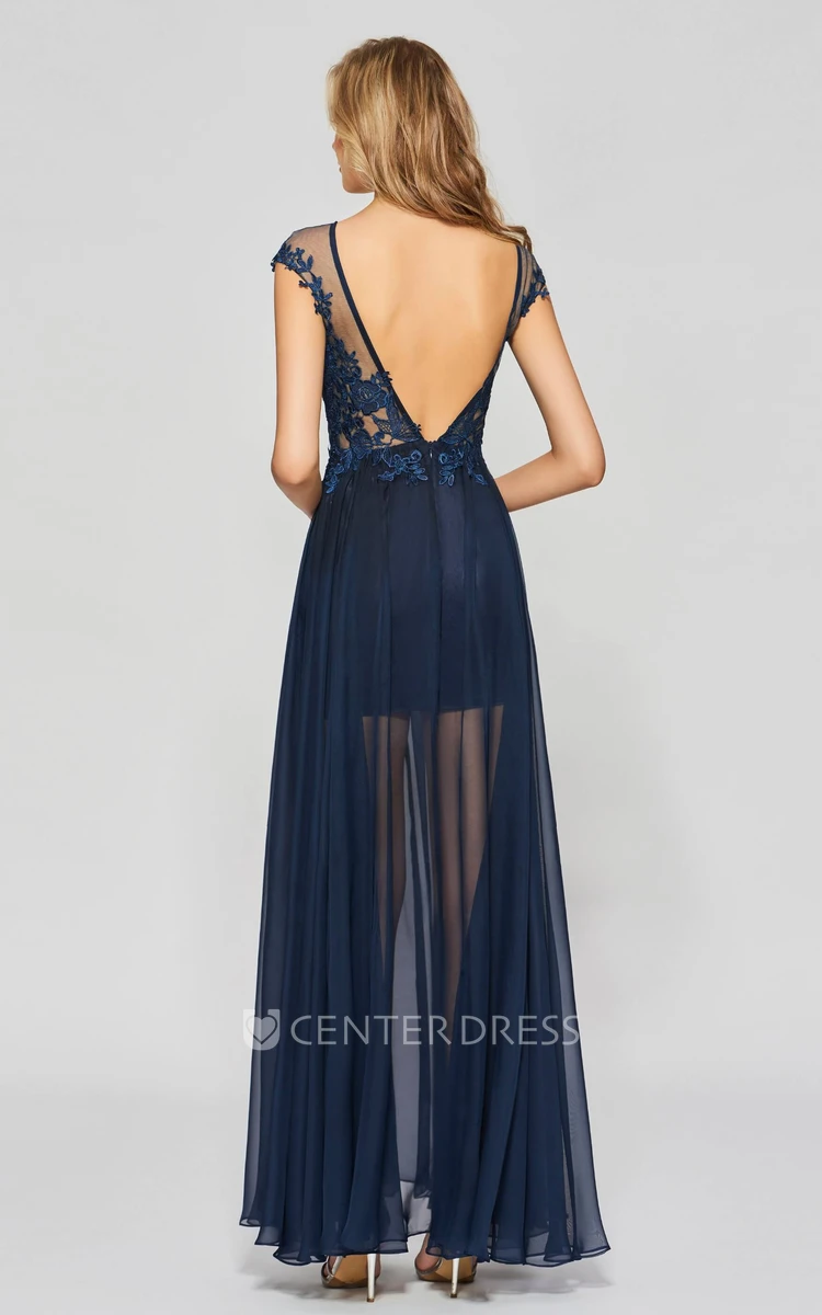 Lace Appliqued A-line Sexy Split Front Bateau Chiffon Gown With Deep V-back
