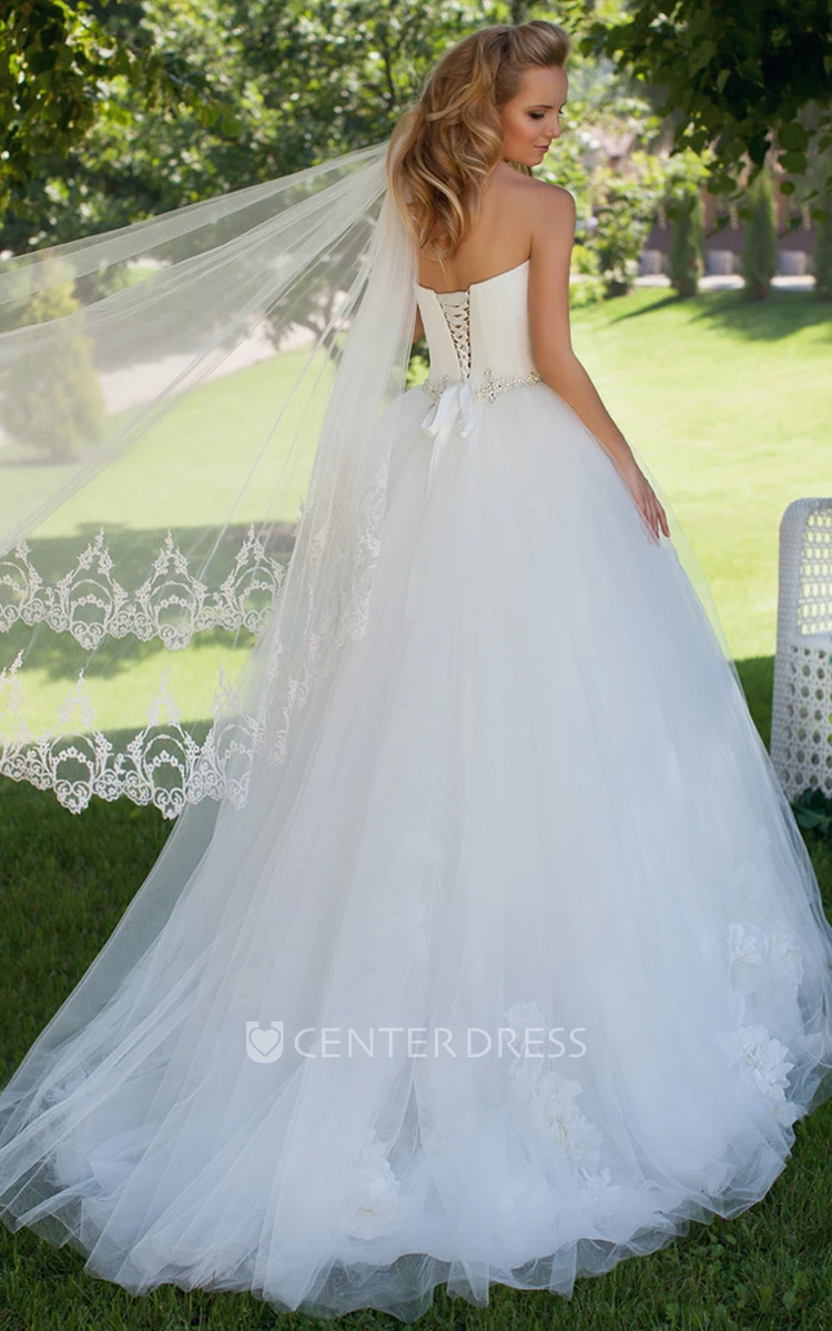 Sweetheart Long Criss-Cross Jeweled Tulle Wedding Dress