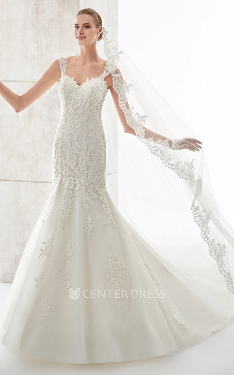 Square-Neck Court-Train Mermaid Wedding Dress With Illusive Lace Straps And Back