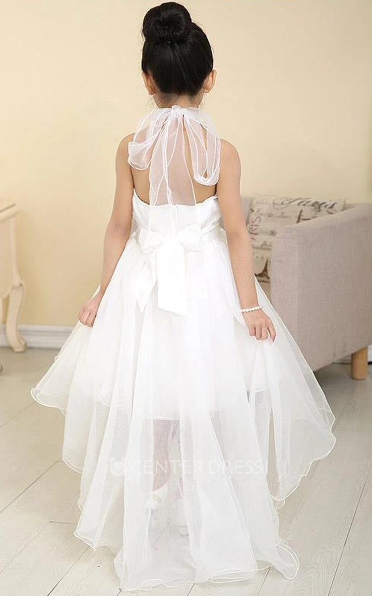 High-Low Tulle Halter Sash Bow Flower Girl Dress with Beading