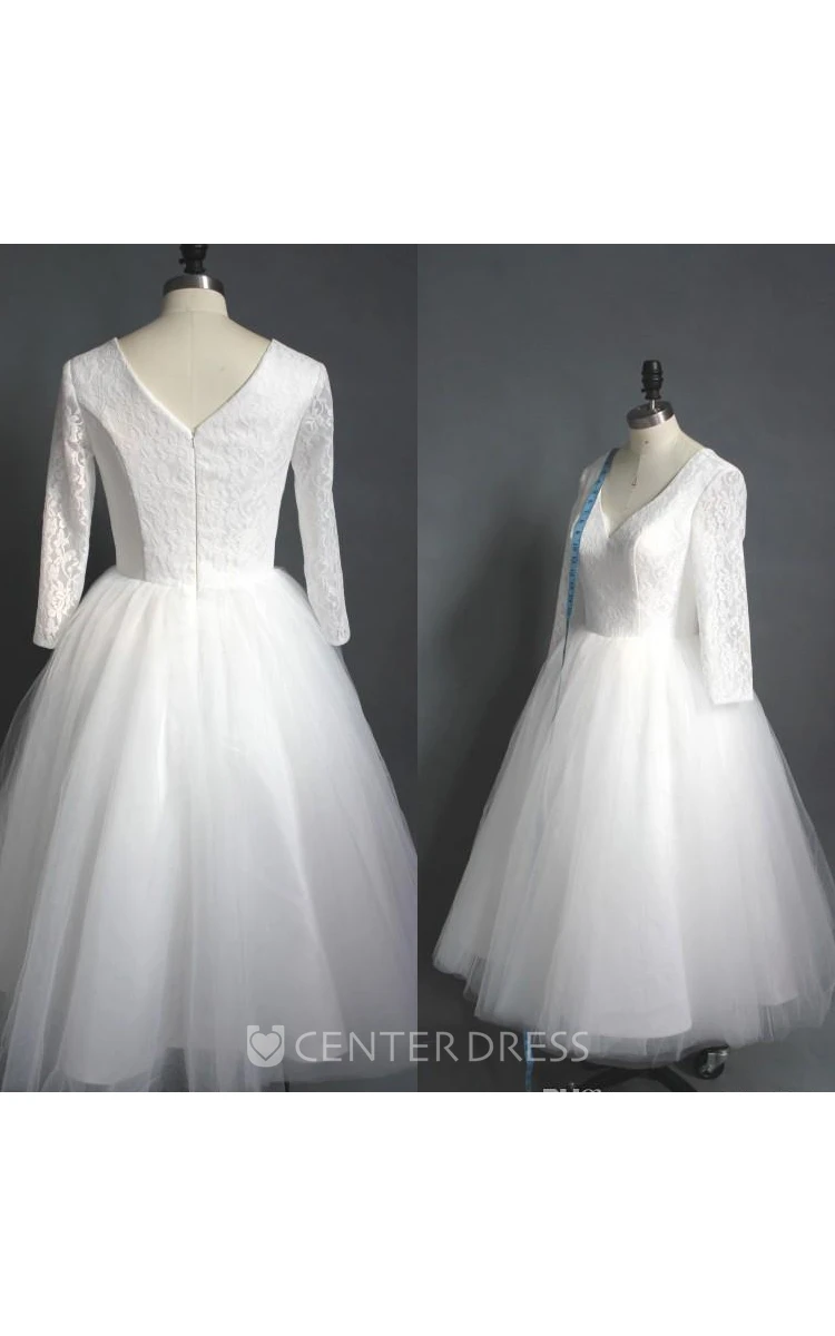 A Line V-neck Lace Tulle Zipper Wedding Gown