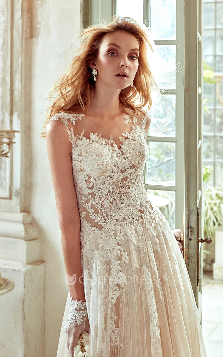 Strap-Neck Wedding Dress with Pleated Skirt and Lace Appliqued Bodice