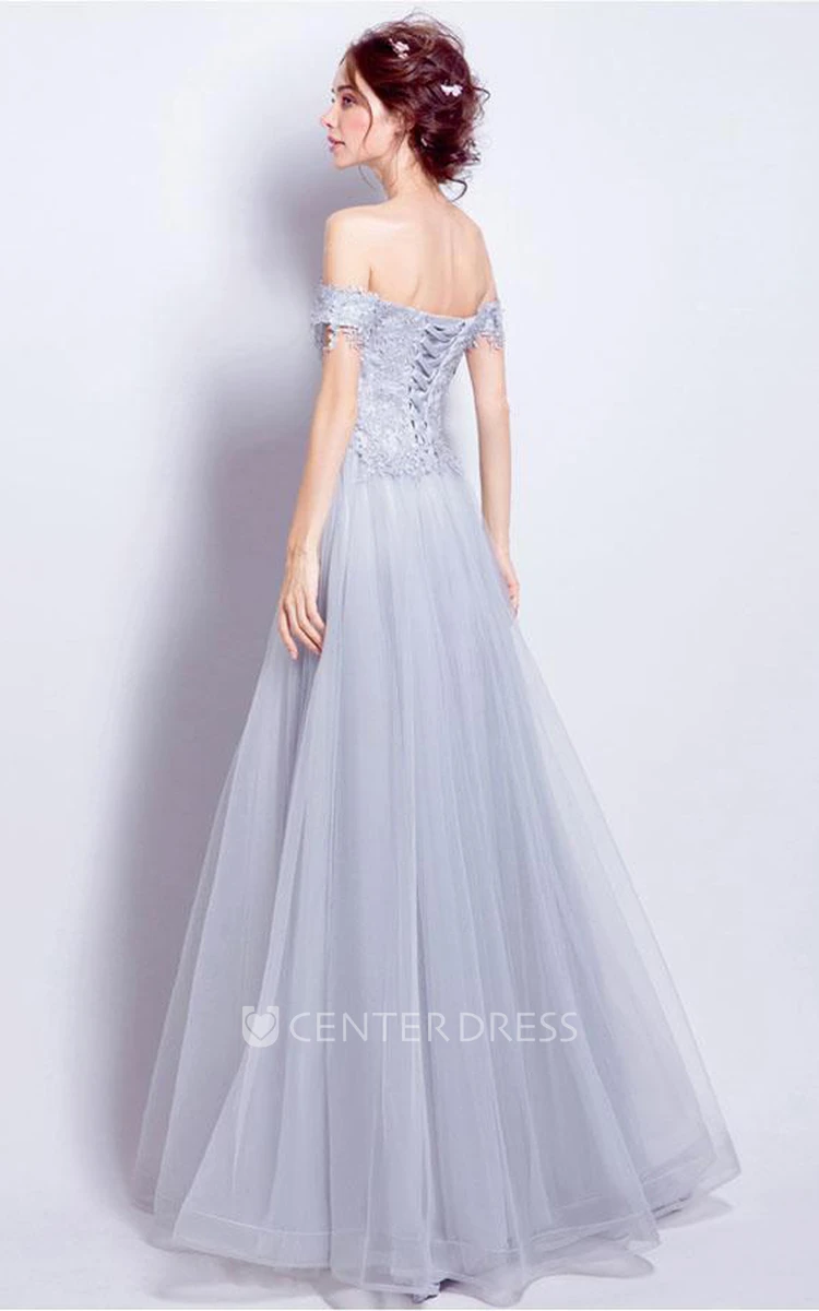 A Line Sleeveless Lace Tulle Bohemian Lace-up Back Prom Dress with Appliques