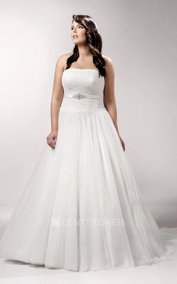 Strapless Pleated A-Line Gown With Lace And Jeweled Waist