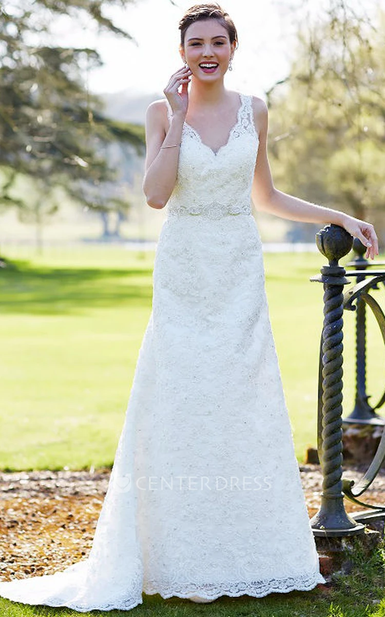 Sheath Floor-Length Sleeveless Appliqued V-Neck Lace Wedding Dress With Waist Jewellery
