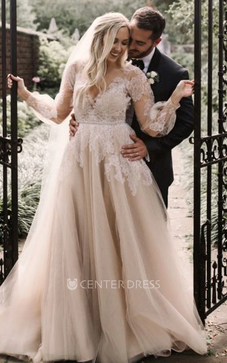 Romantic V-neck A Line Lace Long Sleeve Brush Train Wedding Dress with Appliques