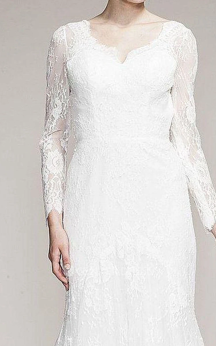 V-Neck Floor-Length Long-Sleeve Lace Wedding Dress With Brush Train And Keyhole