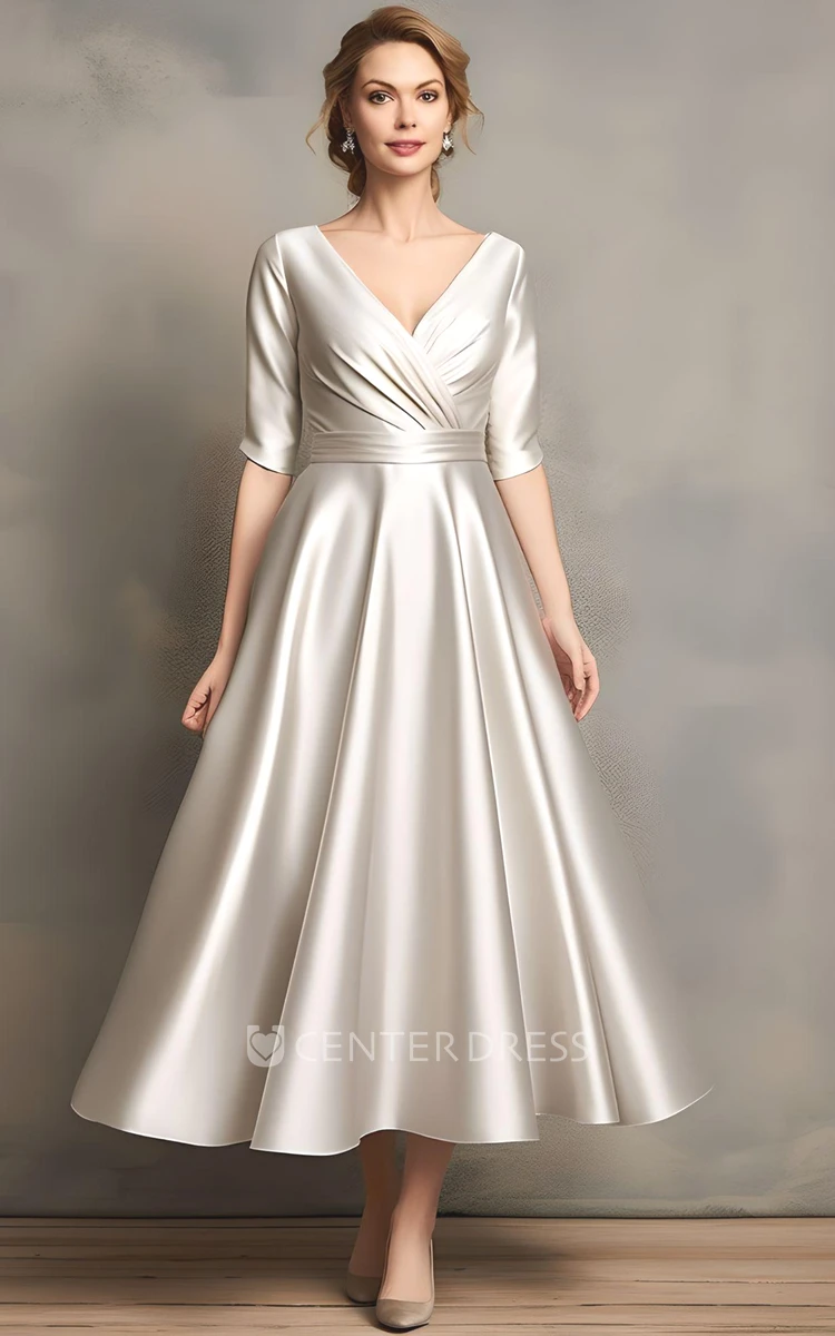 Ethereal A-Line Satin Mother of the Bride Dress Half Sleeve V-neck Modern Tea-length