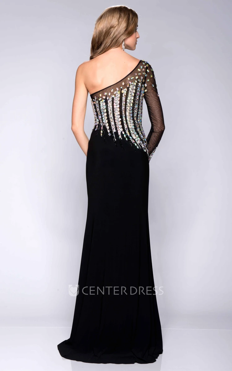 Bodice Sequined Jersey One-Shoulder Prom Dress With Side Slit